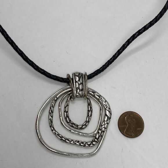 CHICO'S Necklace Concentric Open Irregular Round Textured Silver Tone Black Cord - Picture 3 of 7